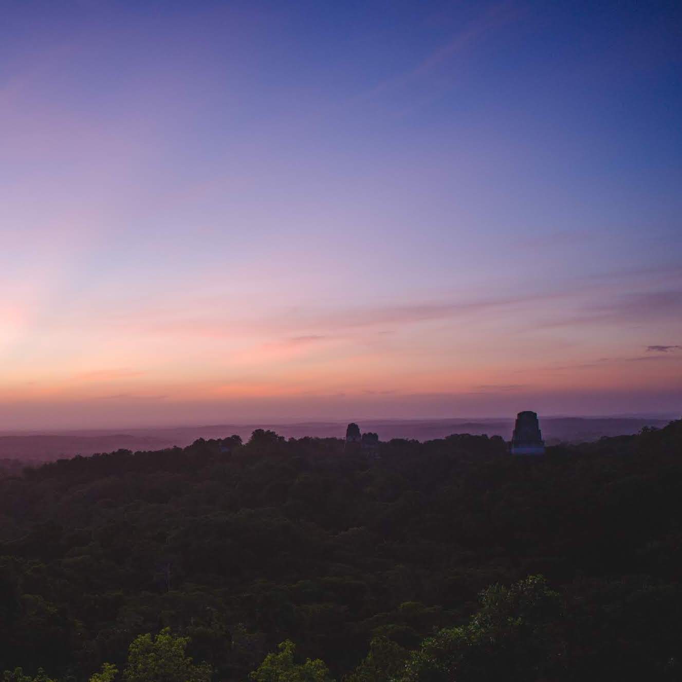 Ancient Mayan pyramids of Tikal rising above the dense green jungle canopy during a purple and orange sunrise in Guatemala.