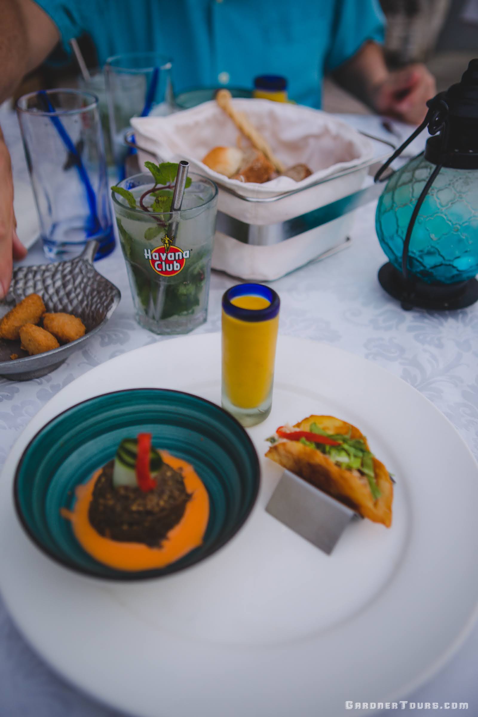 Delicious Appetizers with Pumpkin, Taco, and a Mojito at 5-Star Restaurant Paladar La Guarida in Central Havana, Cuba