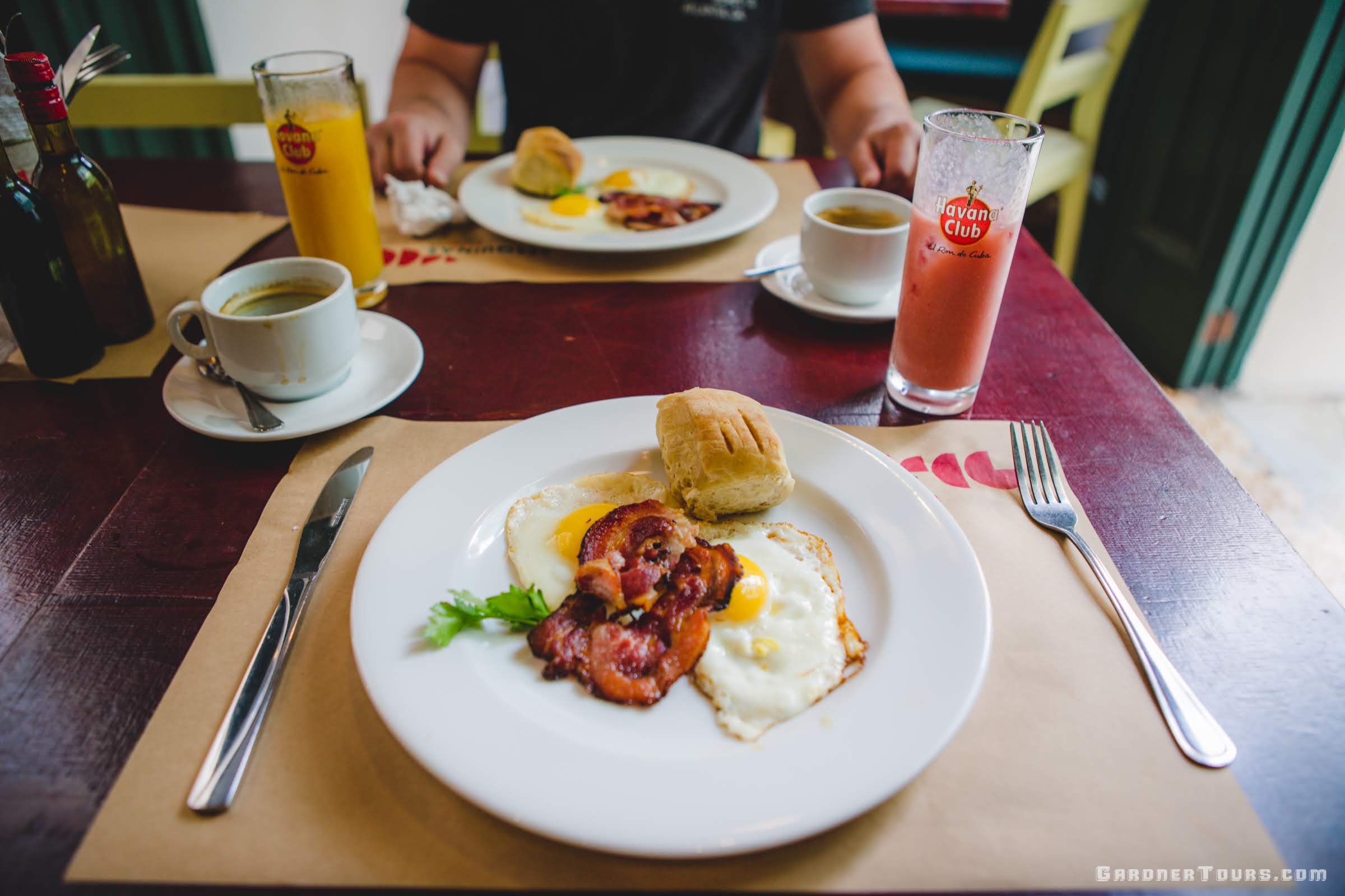 Breakfast Buffet with Bacon, Eggs, Biscuits, Coffee, and Fruit Juice at Restaurant Paladar 5 Esquinas Trattoria in Old Havana, Cuba