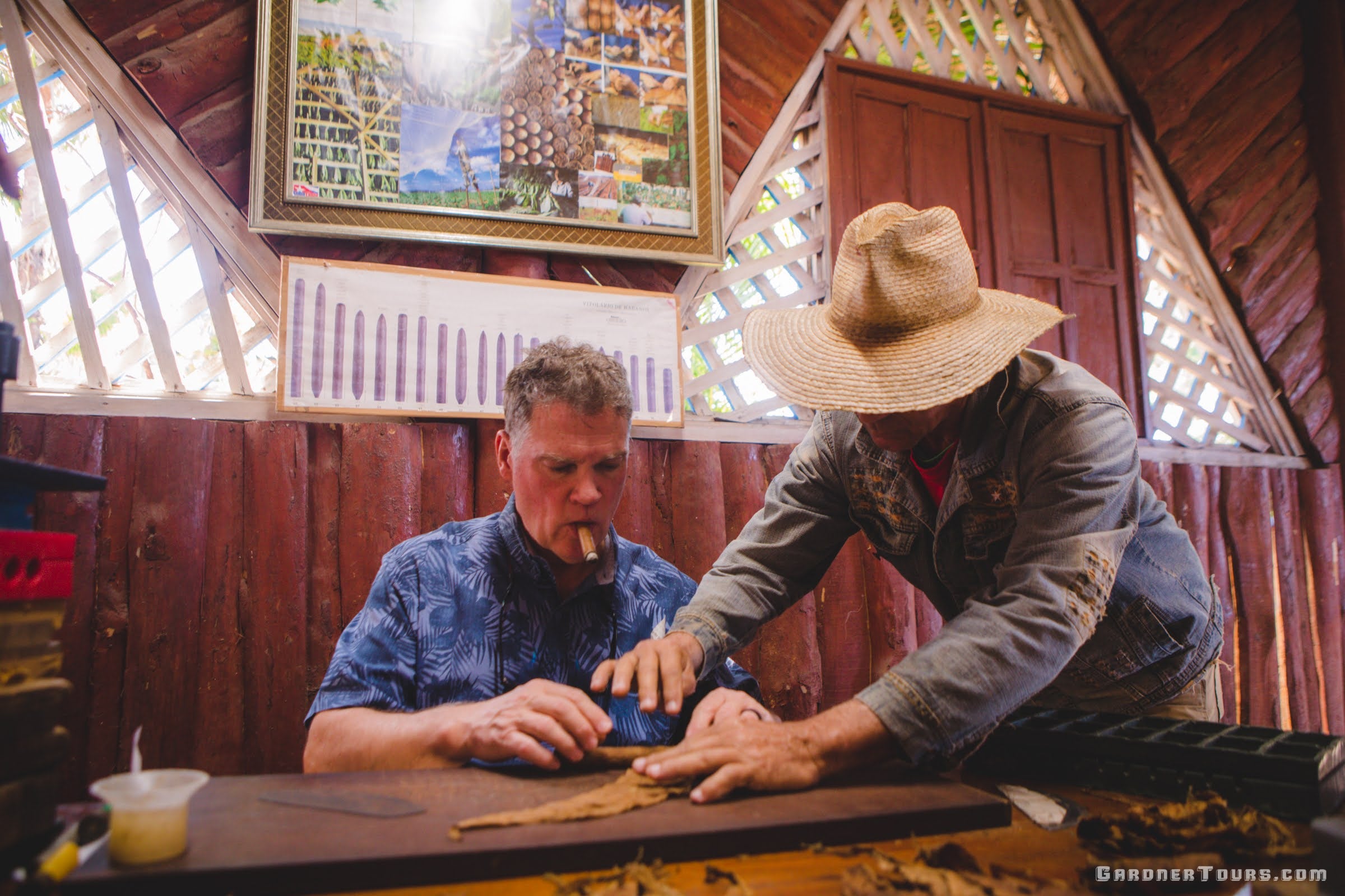 Man smoking cigar and learning how to roll a Cuban Cigar with a farmer in Pinar del Rio, Cuba