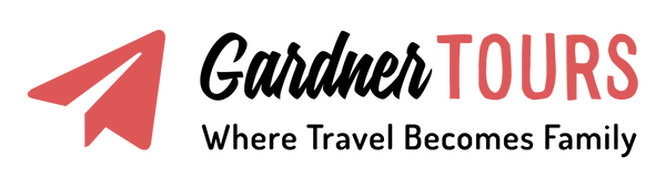 Logo of Gardner Tours with a red paper airplane and text on a white background