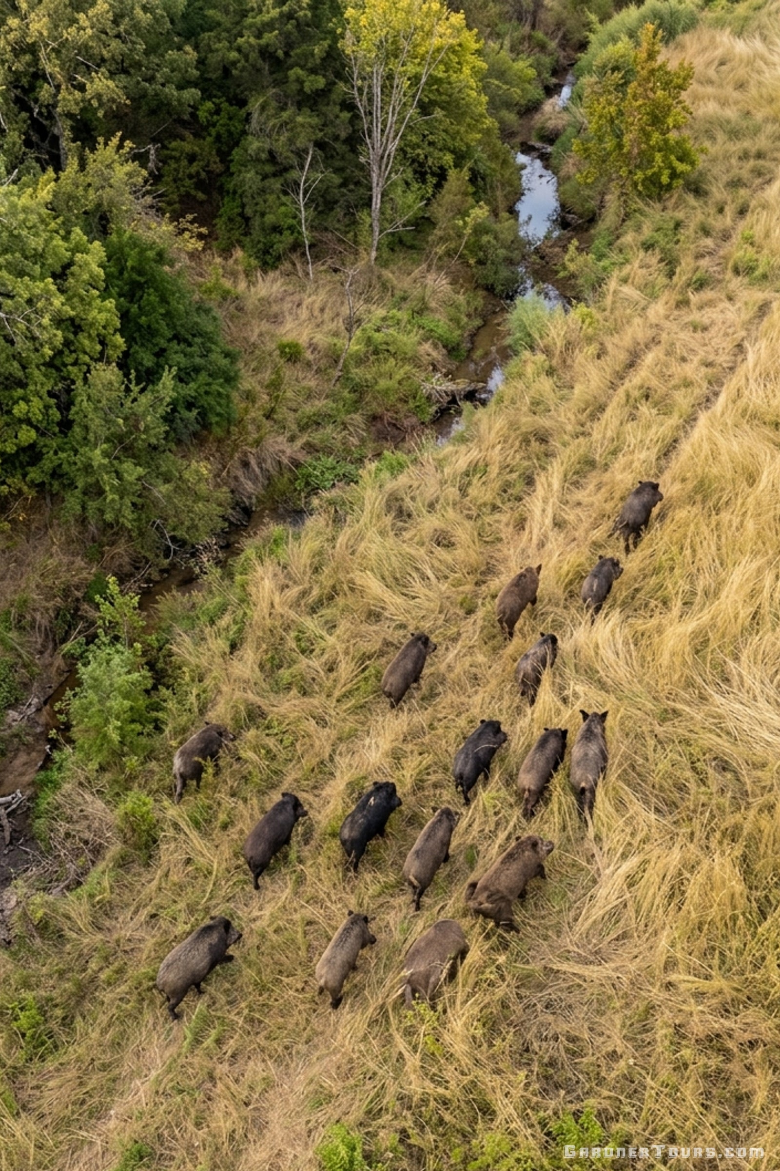 Drone aerial photo of a large sounder of wild hogs running across open pasture land in Texas.