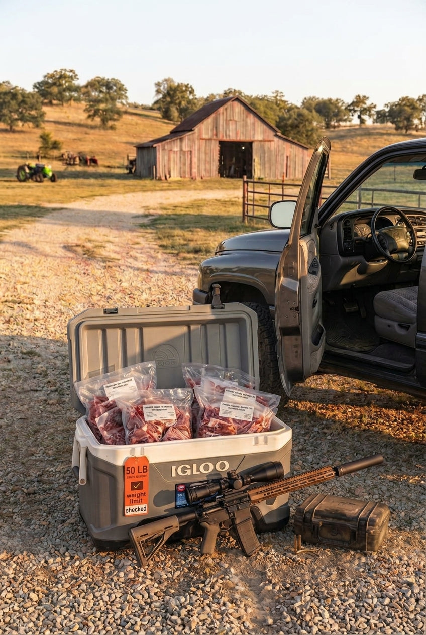 A photo of a gray Igloo cooler on a gravel road, open and showing wild game vacuum-sealed bags with labels. In the background, a farm, a tractor, a barn, and a farm truck. Near the cooler on the gravel, a high-caliber suppressed weapon and hard case for weapons. Near the cooler on the left side, an orange "50lb weight limit" tag with a check.