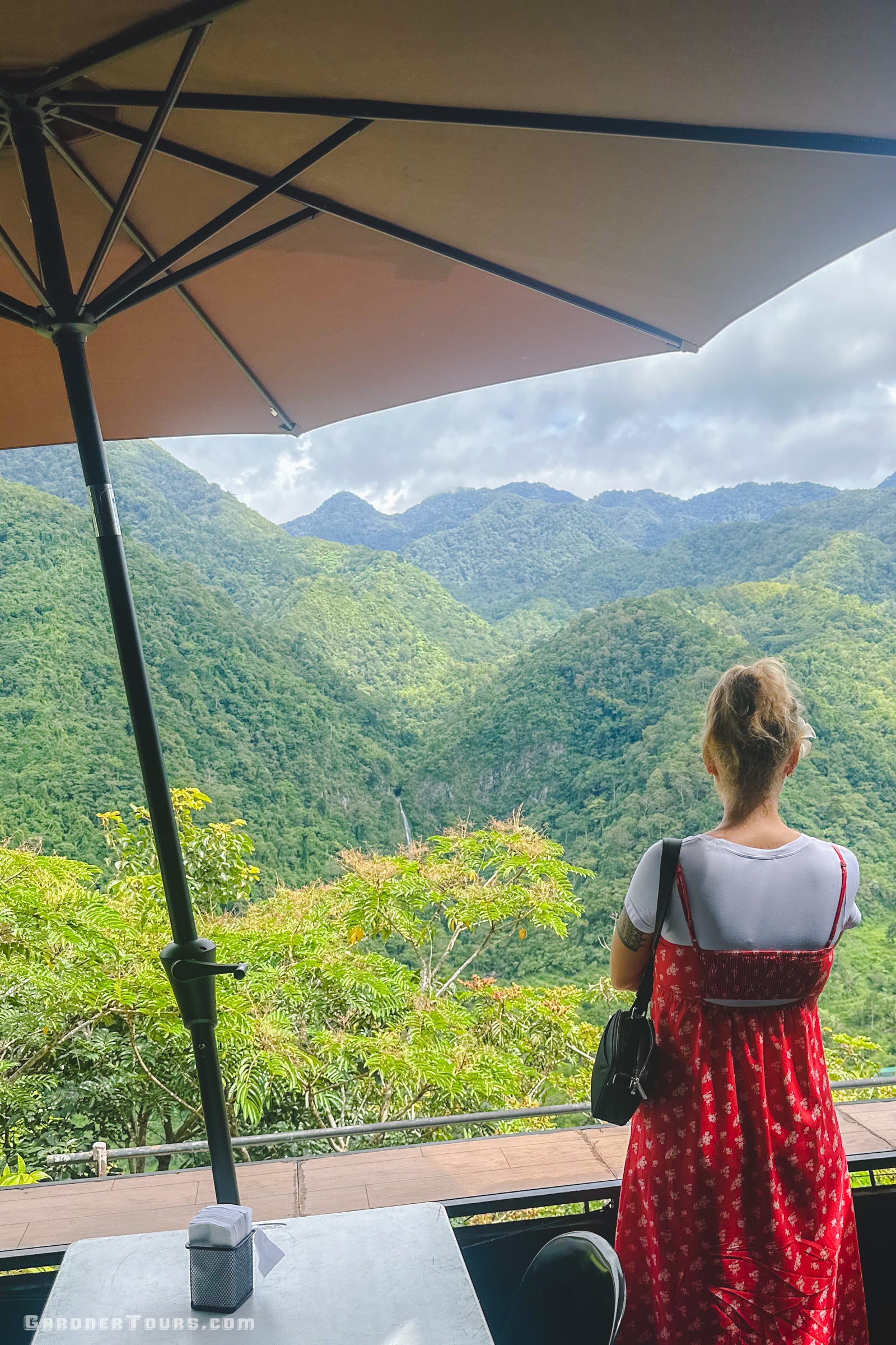 Woman in a red dress standing under an umbrella, looking at a scenic view of mountains.