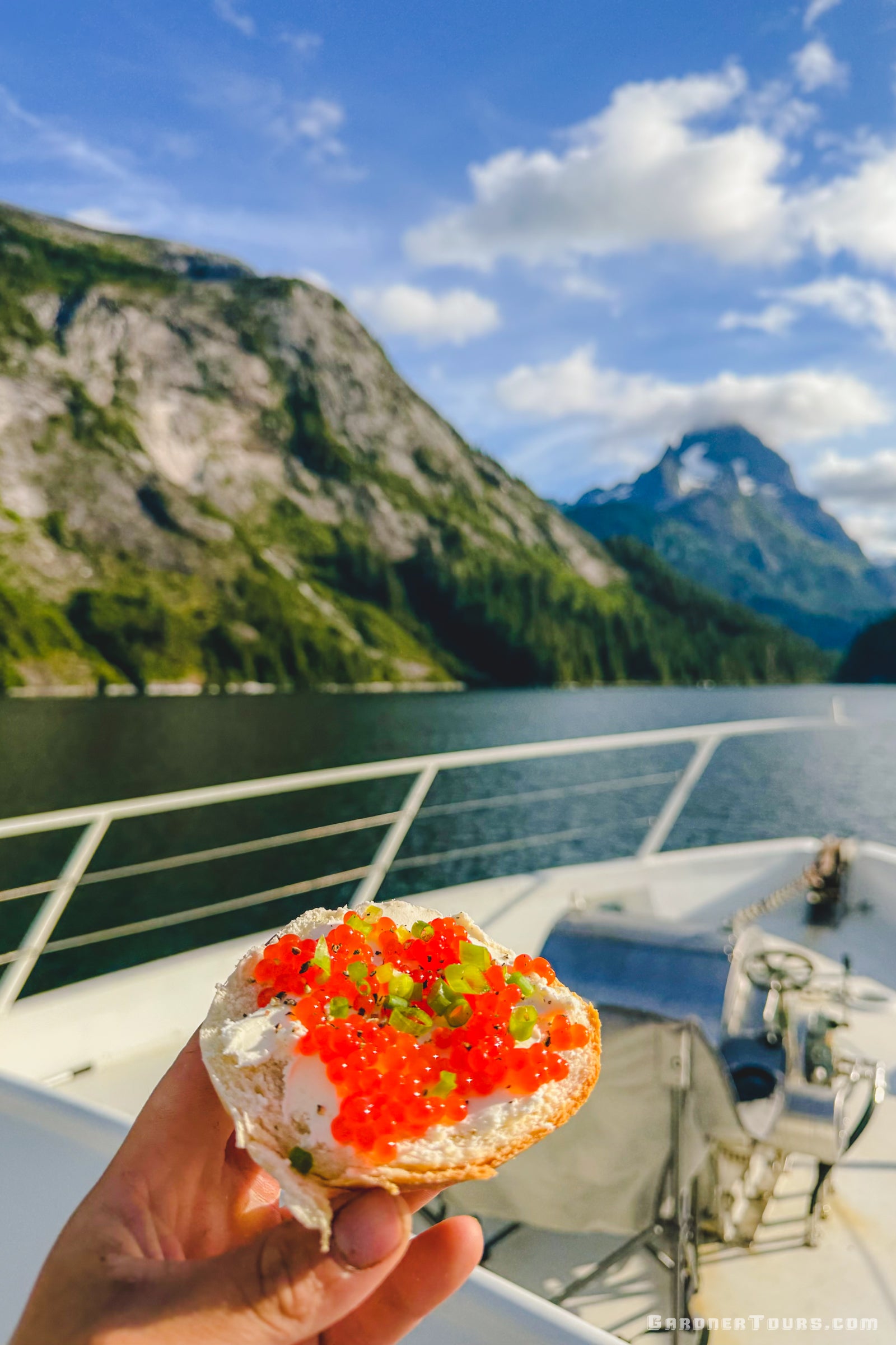 A fresh salmon roe caviar and cream cheese appetizer held up against a backdrop of Alaskan mountains and water.