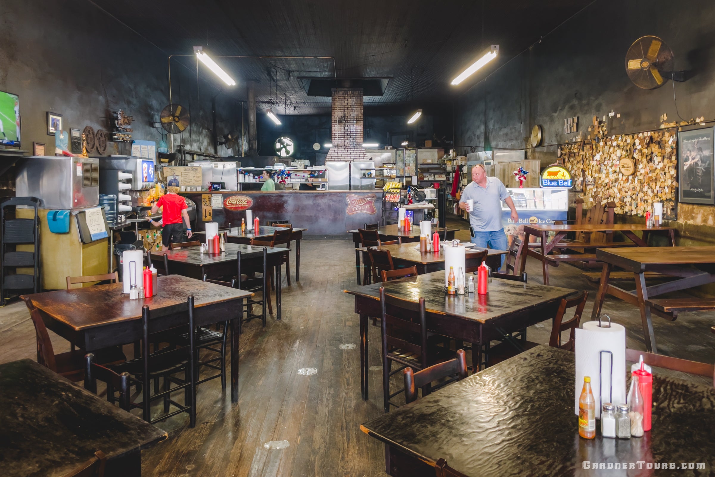 Inside view of the smoked walls at Louie Mueller Barbecue in Taylor, Texas.