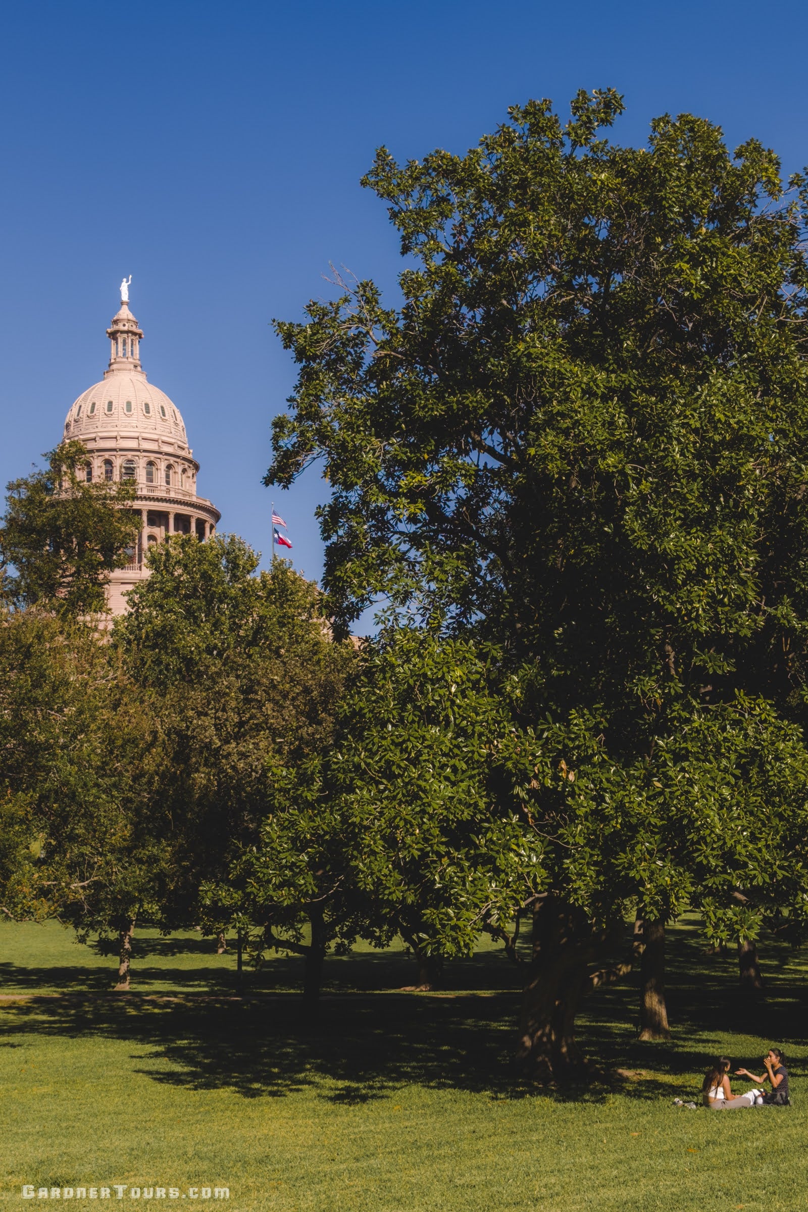 Texas State Capitol building with trees in the foreground and two people sitting under the trees