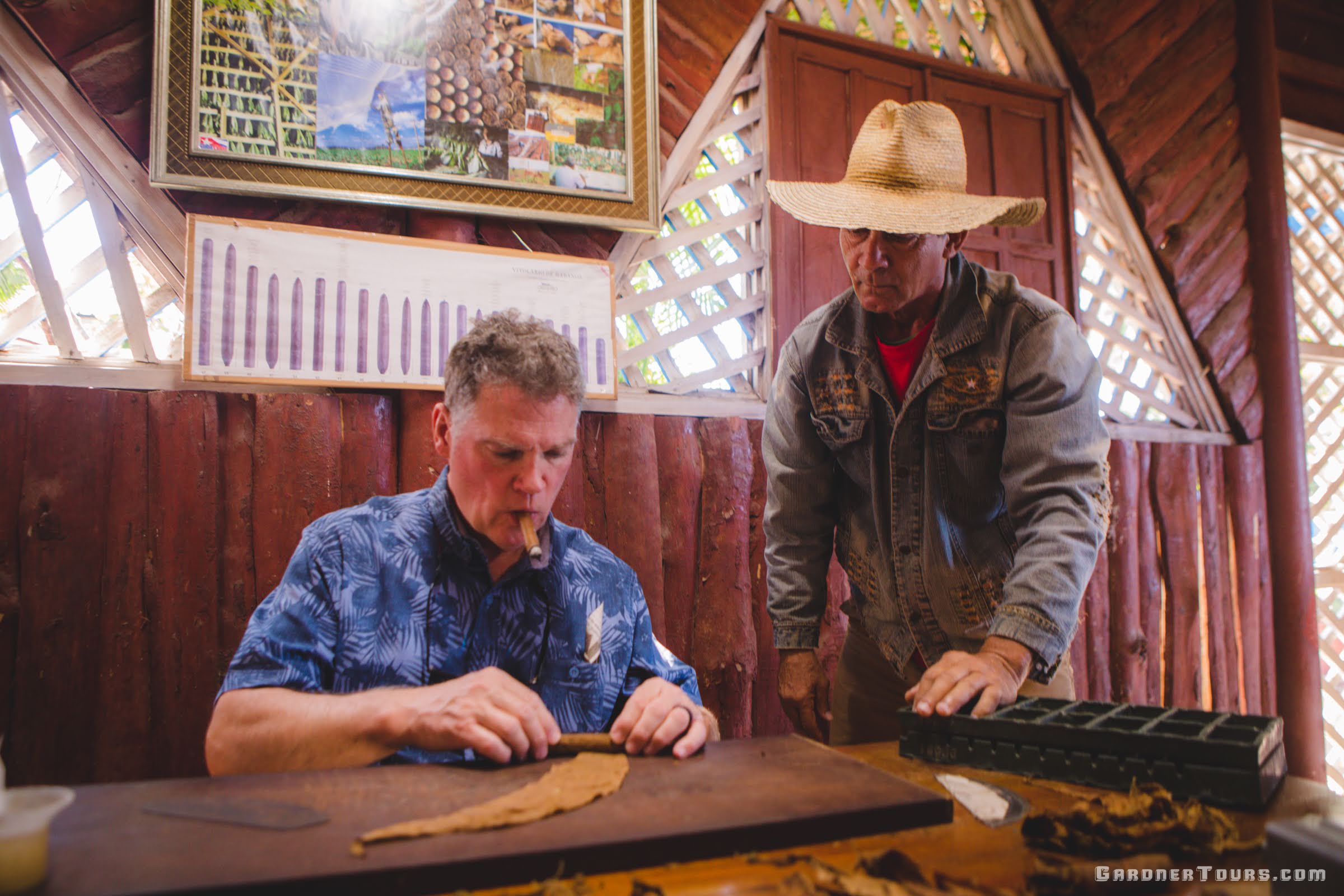 Man smoking cigar and learning how to roll a Cuban Cigar with a farmer in Pinar del Rio, Cuba
