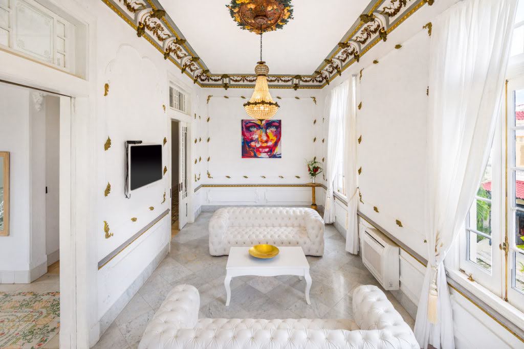 White and Gold Main Salon Living Room at Luxury Spanish Villa Accommodations in Vedado Havana, Cuba