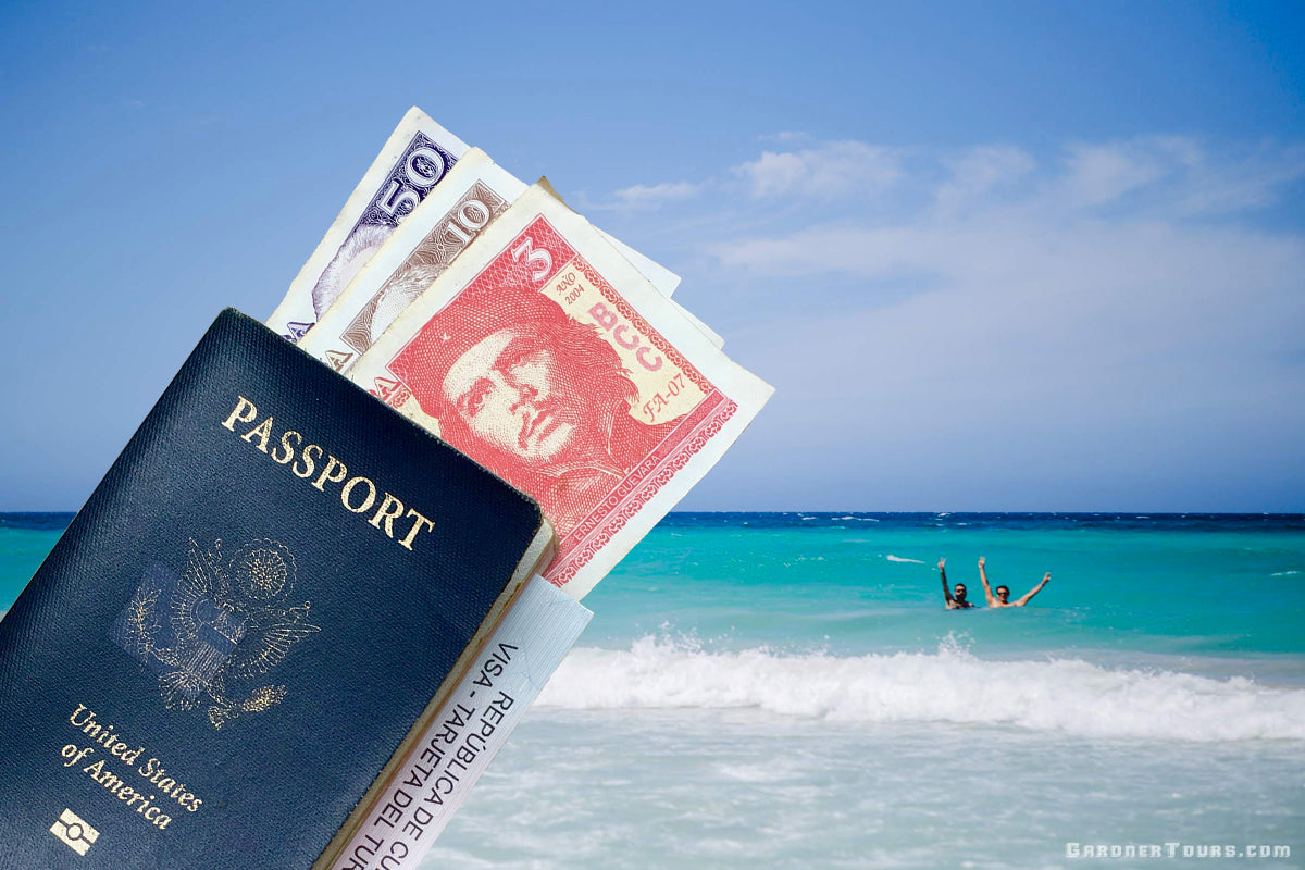 A view of the Playas del Este Beaches outside of Havana, Cuba with a United States Passport holding Cuban Pesos and a tourist Visa in view
