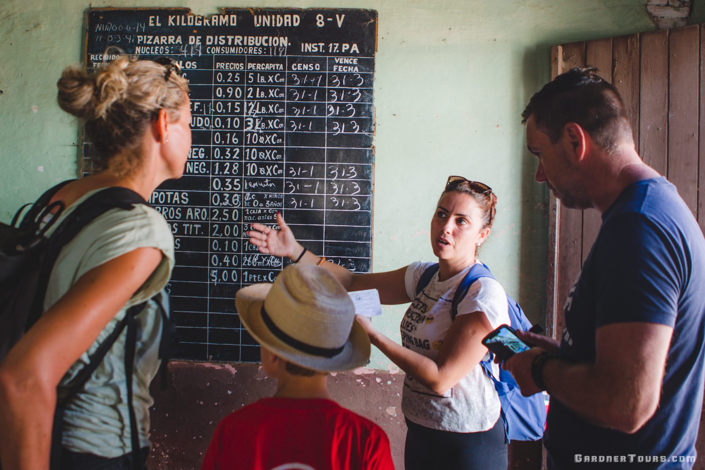Gardner Tours Cuban Tour Guide Zeydi showing her Dutch travelers where Cubans get rations and how the Libreta works
