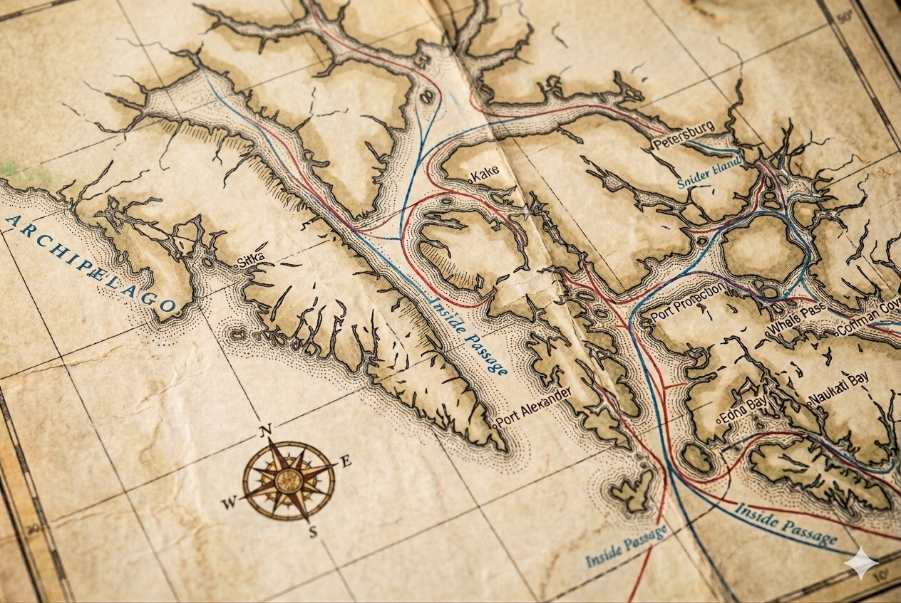 Vintage nautical chart of the Alexander Archipelago in Southeast Alaska, featuring the Inside Passage, Sitka, and Petersburg on aged, worn parchment paper.