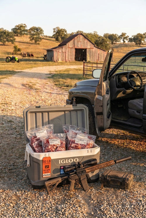 A photo of a gray Igloo cooler on a gravel road, open and showing wild game vacuum-sealed bags with labels. In the background, a farm, a tractor, a barn, and a farm truck. Near the cooler on the gravel, a high-caliber suppressed weapon and hard case for weapons. Near the cooler on the left side, an orange "50lb weight limit" tag with a check.