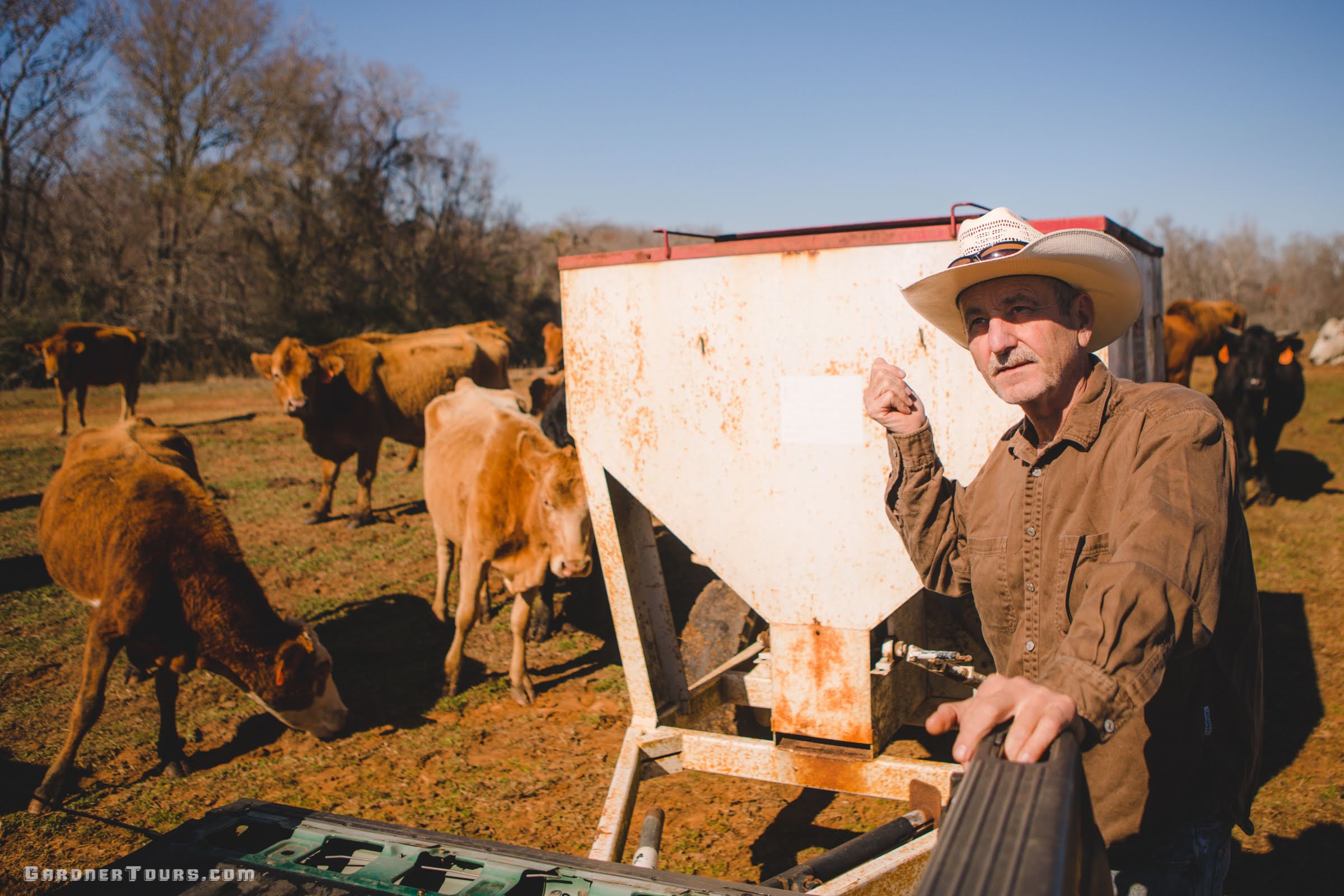 A rancher explains about his cows as he feeds them on a ranch outside of Centerville, Texas.