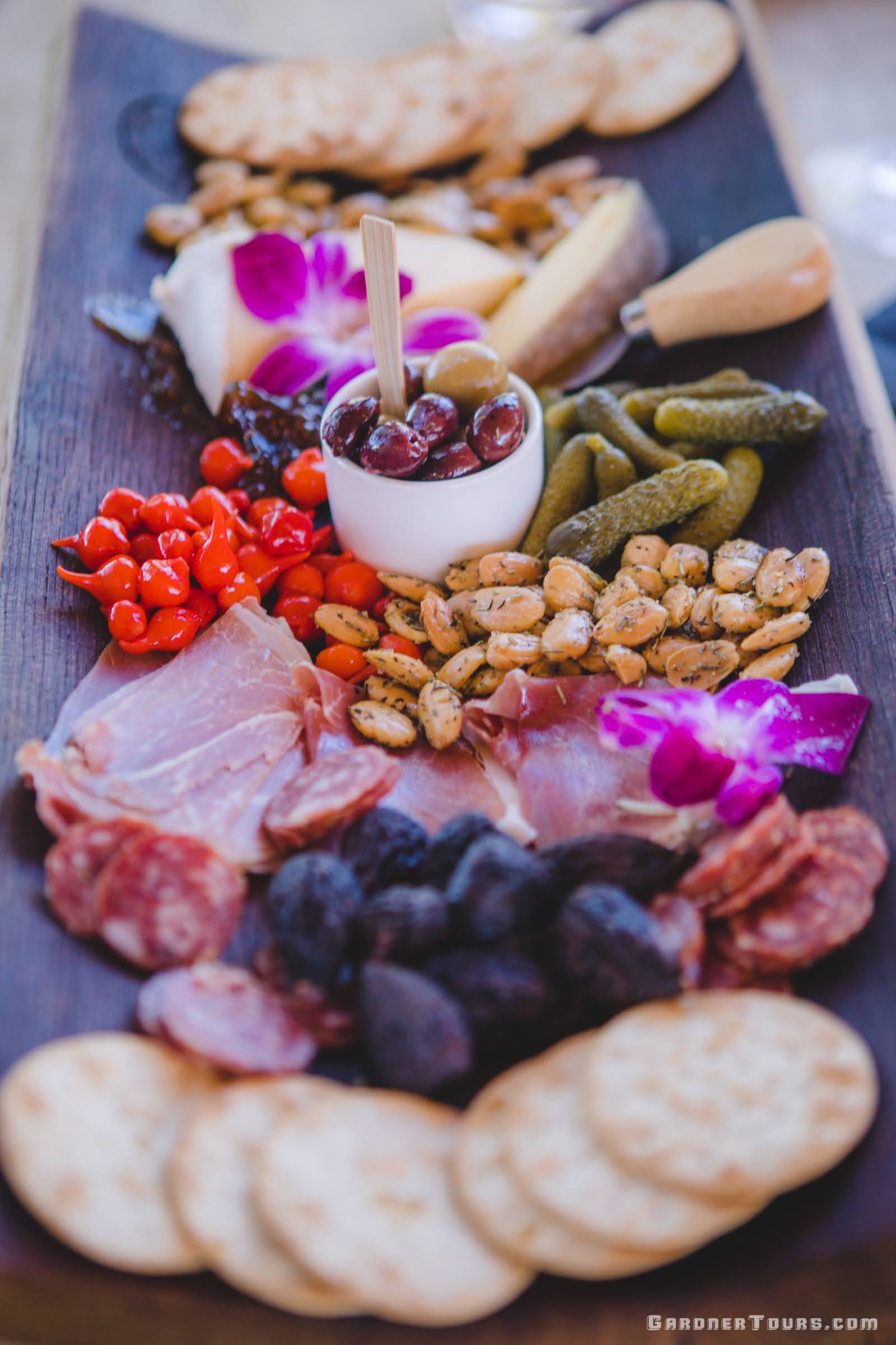A big charcuterie tray or board at William Chris Vineyards in Hye, Texas.