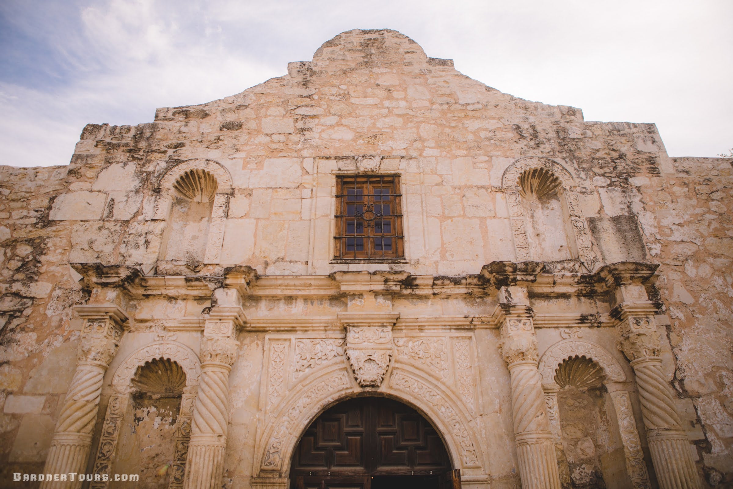 Close-up view of the front facade of the historical Alamo in San Antonio, Texas.