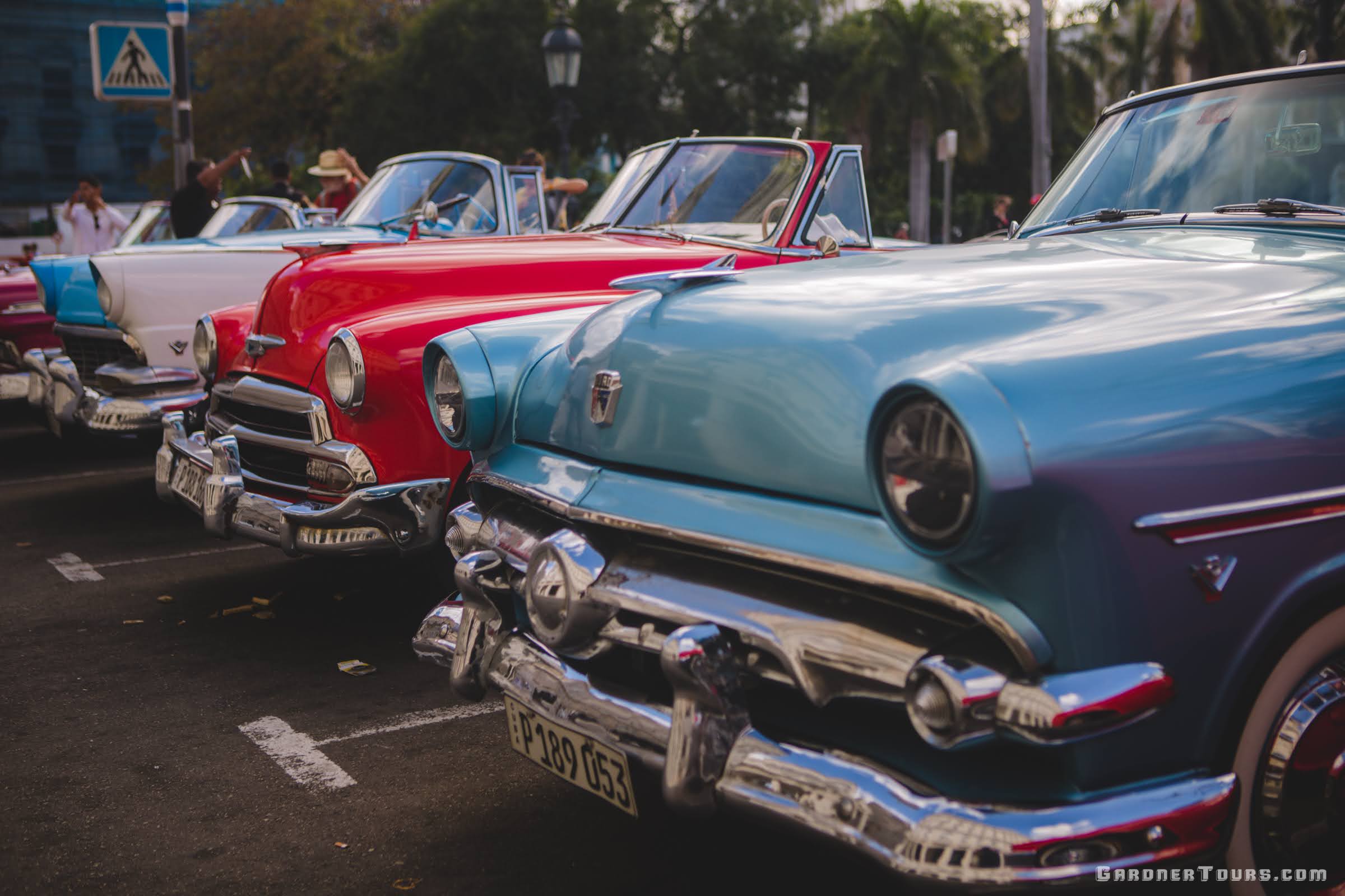 Colorful Classic Cars Lined Up in the Streets of Old Havana, Cuba