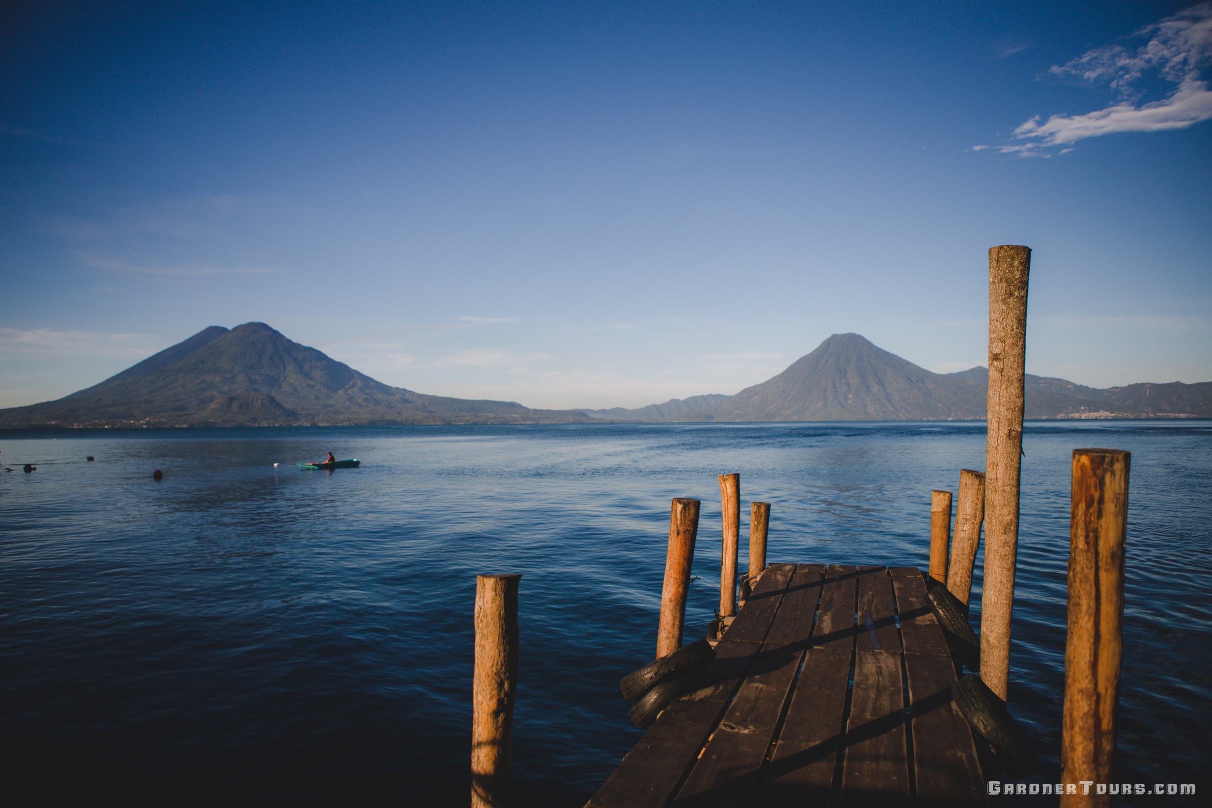 View of Two Volcanoes from Dock at Panajachel Lake Atitlan, Guatemala