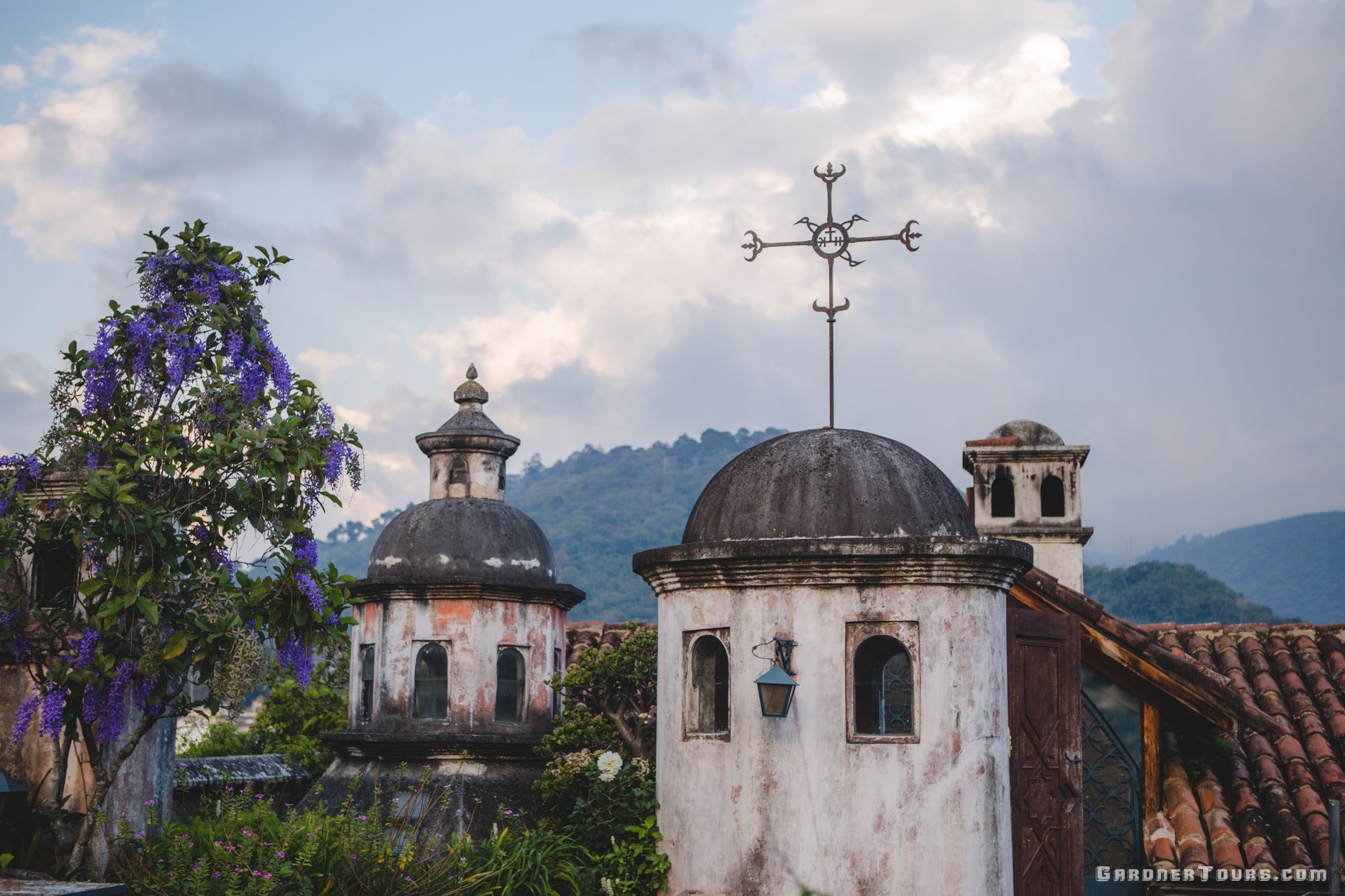 Colorful Rooftop View with Crosses on the Rooftops in Antigua, Guatemala